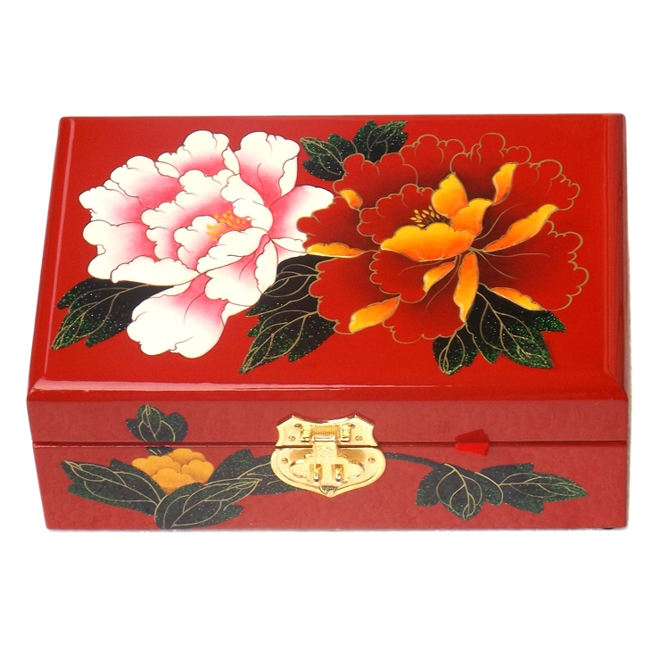 Chinesische Handarbeit Retro Wood Box Lock 2 Schicht Blumengemälde Hochzeit Schmuckschatulle mit Spiegel wunderschön