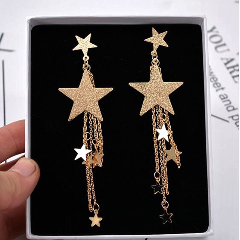 Overdreven Pentagram Star Metal Chain Tassel Lange druppel oorbellen voor Wome Jewelry Statement Bling Crystal Pearl Brincos Bijoux