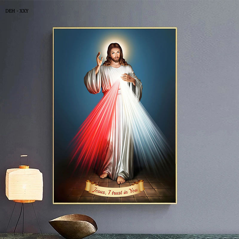 Vintage gloeiende Jezus Christus Poster Jezus, ik vertrouw op je qoutes canvas schilderen schilderen katholieke christelijke woonkamer thuis decor muurschildering