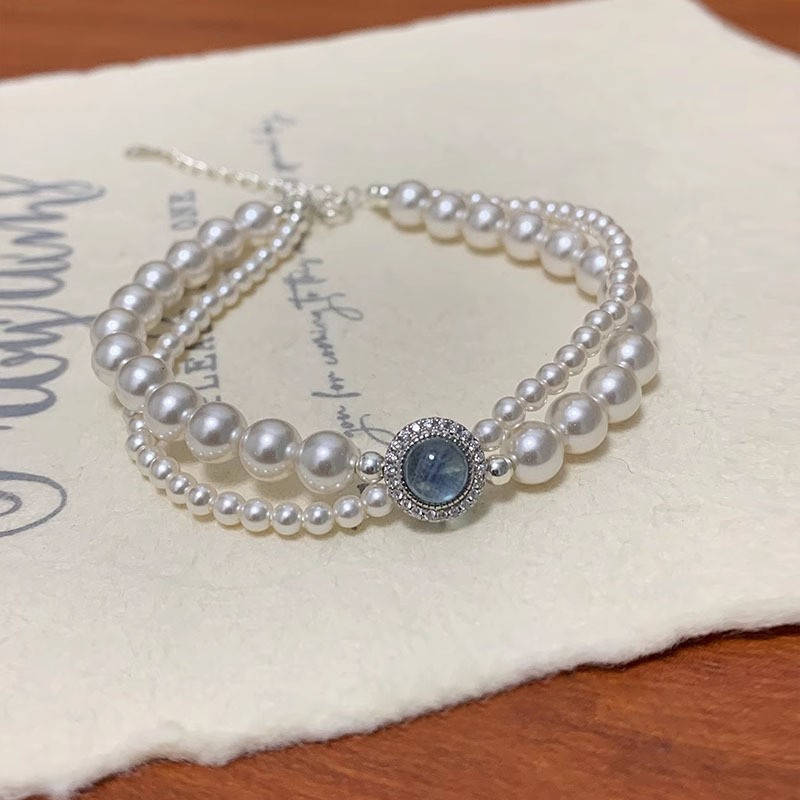 S925 Silver Ocean Blue Treasure Shi Family Pearl Bracelet Sense haut de gamme pour femmes, Bracelet à double couche de style perlé unique