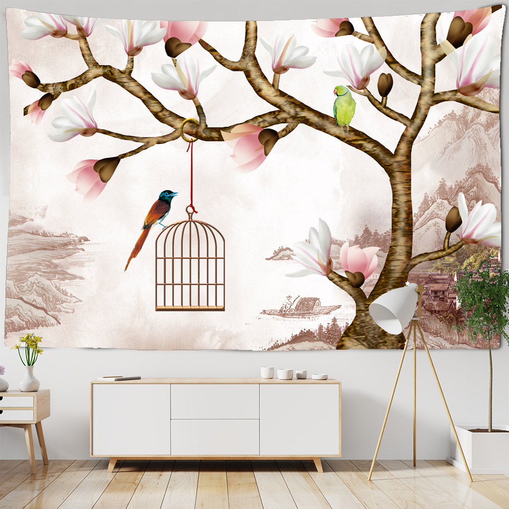 Pintura a óleo de pássaro em estilo chinês pintura de tapeçaria parede pendurada boêmia hippie bruxa arte psicodélica