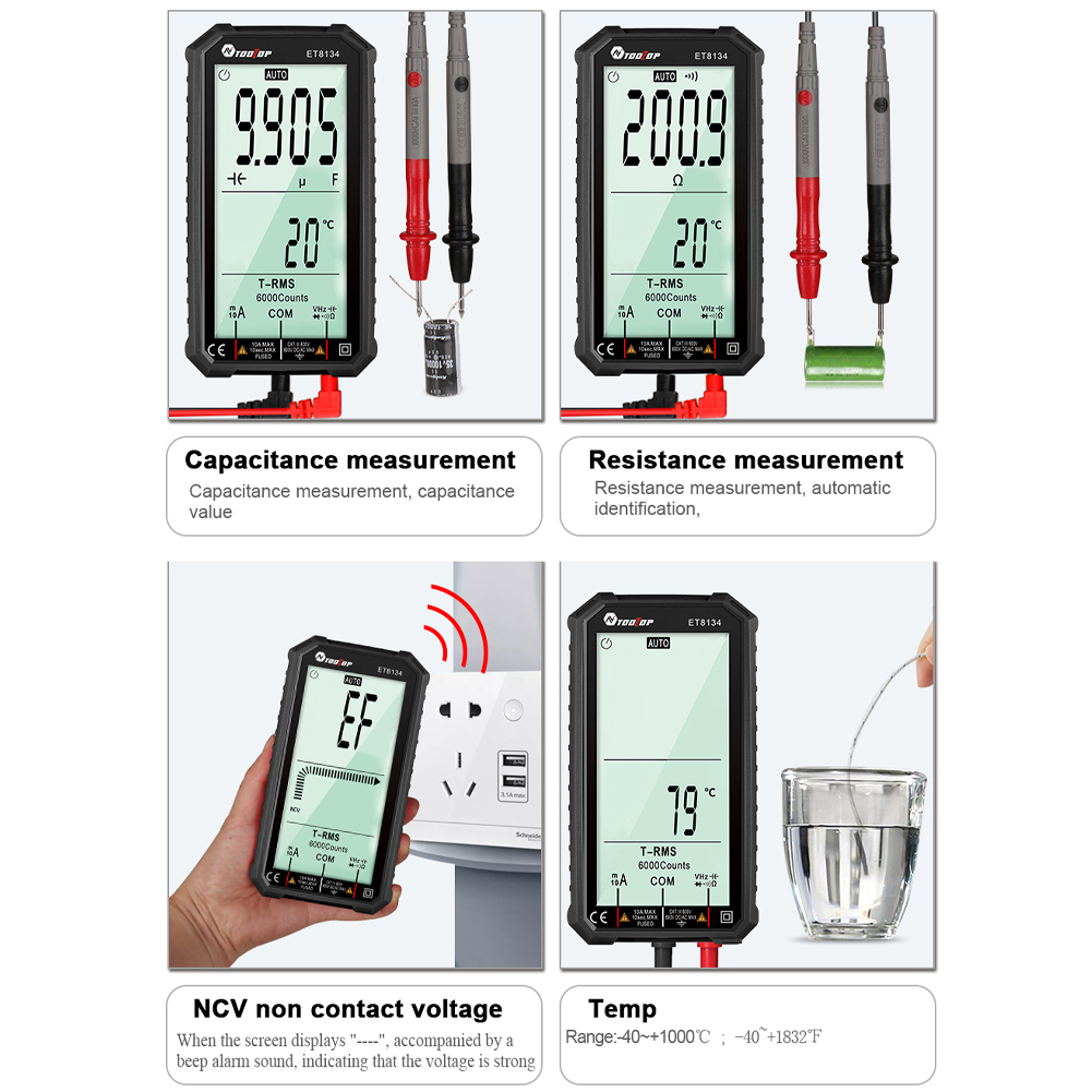 TOOLTOP Digital Multimeter Resistance Measuring Meter ET8134 4.7In LCD DC/AC Current Voltage Measurement Capacitance NCV Tester