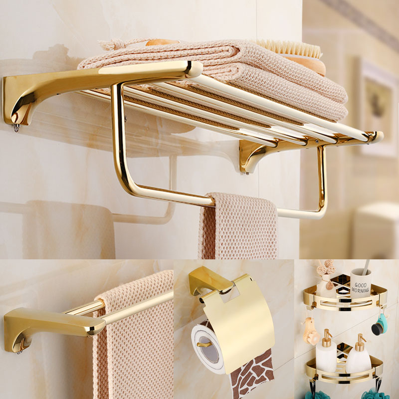 Gouden messing badkamer accessoires set badhanddoek rek met handdoekrek toiletborstelhouder handdoekringpapier houder badkamer accessoires