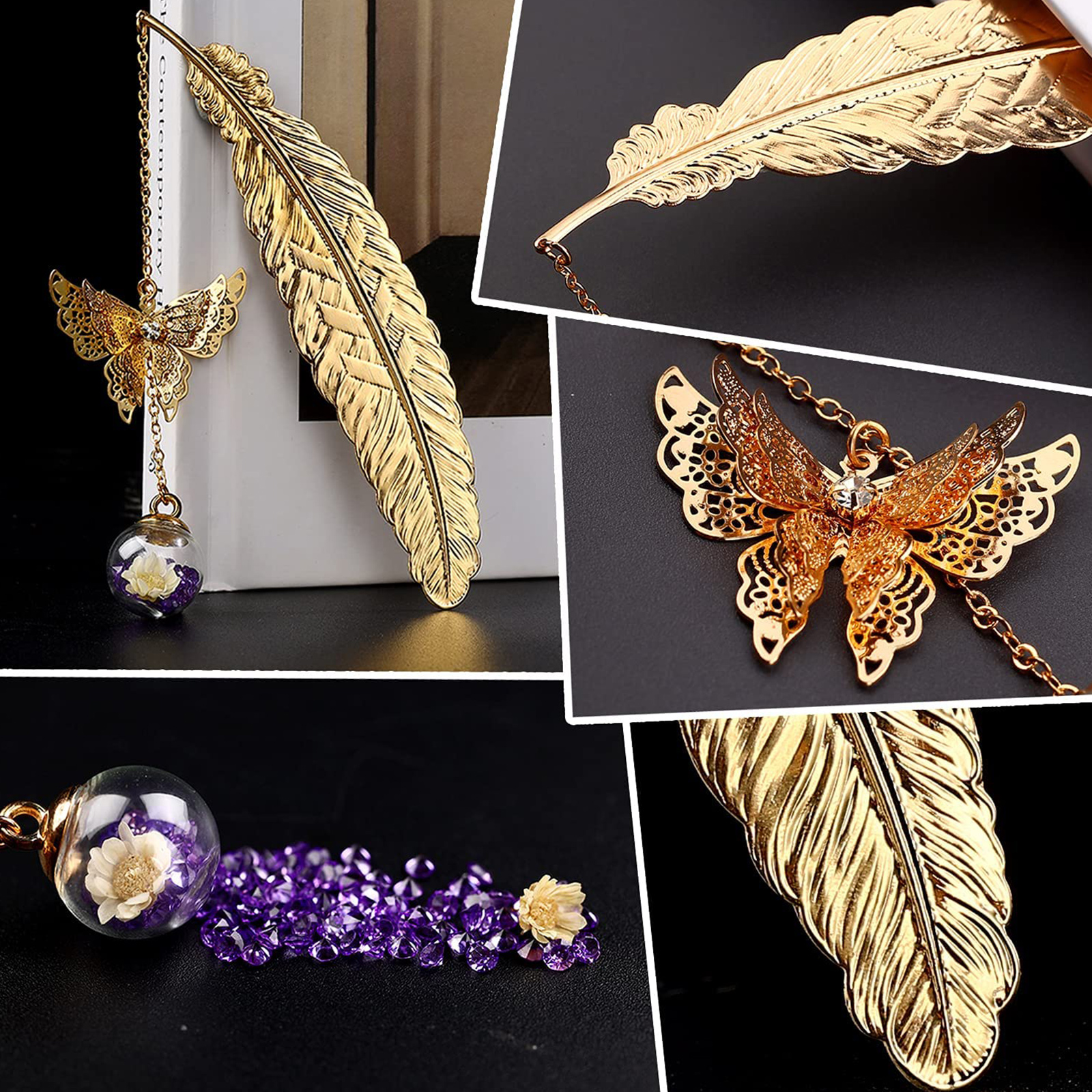 Flower Specimens Butterfly Pendant Bookmark Chinese Style Creative Metal Feather Stationery Book Marks for Teacher Gift Supplies