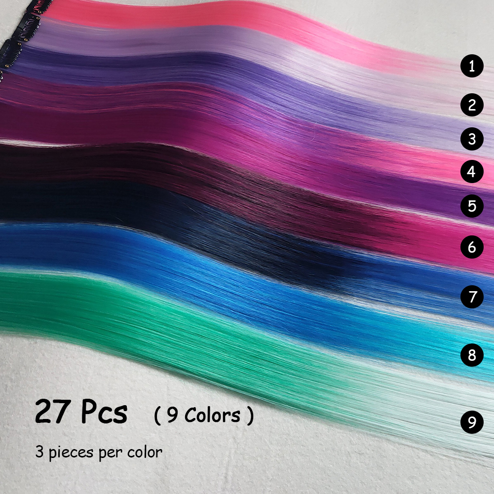 18 Clip ombre synthétique coloré dans les cheveux One Piece Long Long Raide Rainbow 22 pouces Party Highlights Extensions for Women Kids Girls