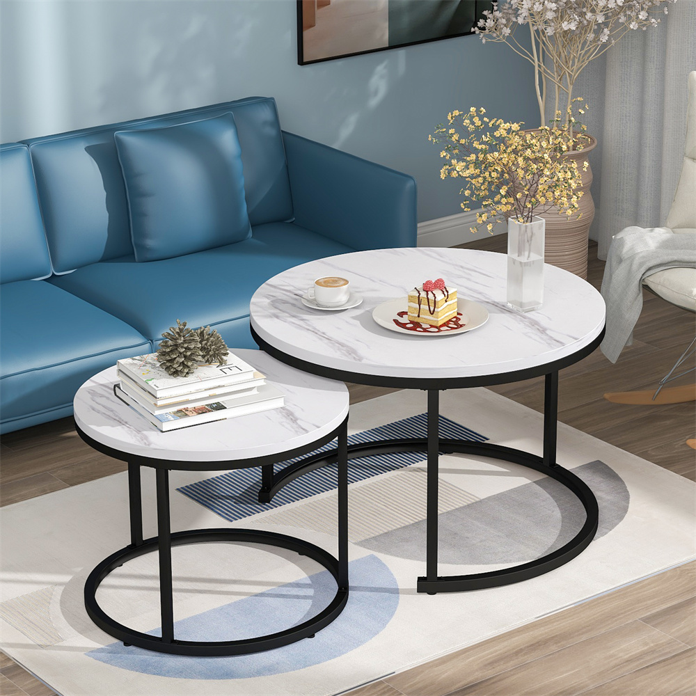 Nordisk rund kaffebord 2 Uppsättning av soffbord vardagsrum rund kapslad sida bord 2 rund sidobord marmor trä textur