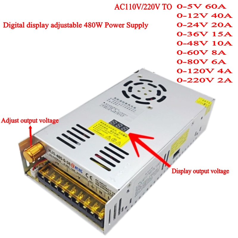 AC-DC Converter 110V 220V till DC 12V 24V 36V 48V 60V 80V 120V 480W Digital display justerbar omkoppling strömförsörjning