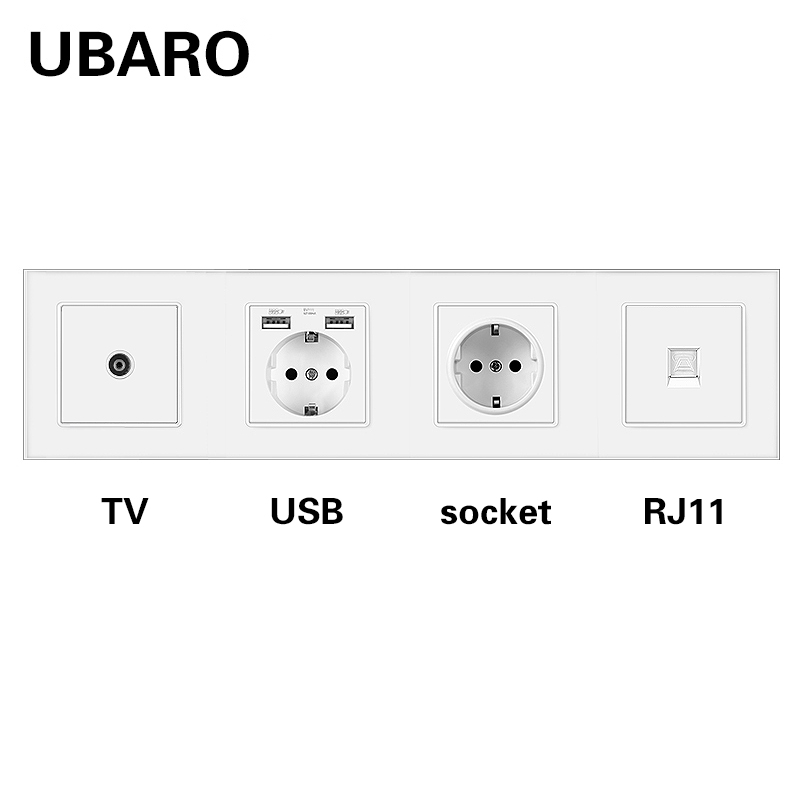 ウバロEU標準壁ソケットガラスフレームRJ45 RJ11 TV信号ターミナルUSB 5V 2Aプラグホームアウトレット250V 16A 344*86mm