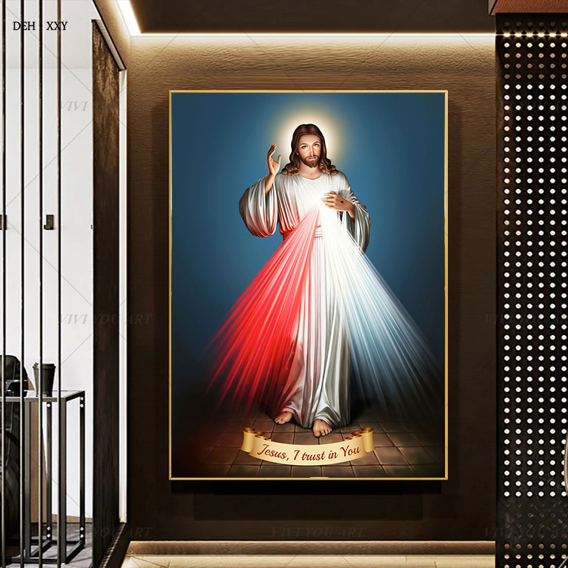 Vintage gloeiende Jezus Christus Poster Jezus, ik vertrouw op je qoutes canvas schilderen schilderen katholieke christelijke woonkamer thuis decor muurschildering