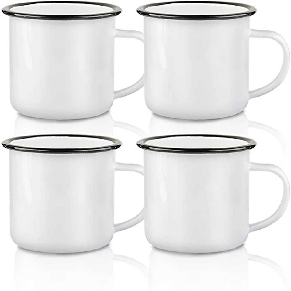 Canecas de 12 onças de sublimação em branco caneca de esmalte branco com aro preto impressão de impressão de leite caneca copo de copo de copo para preços de atacado a granel 240410