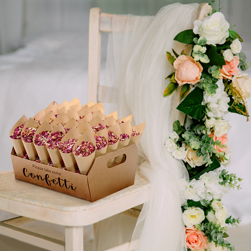 Cons de confettis personnalisés pour mariage, plateau à fleurs séché, porte-pétales, cône de papier, décoration de fête, plateau de pétales 100% naturel