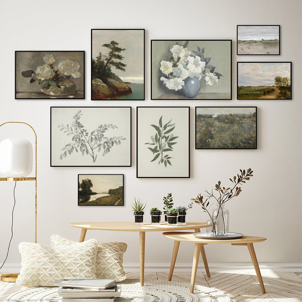 Spring Scenery Gallery Wall Art Painting Light Neutral Print Tree Sketch Tekening Landschap Landschap Canvas Poster Cottage Decor