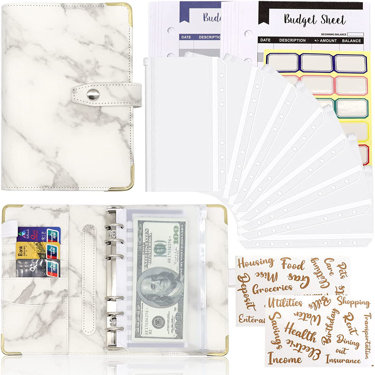 Marmeren A6 Binder PU Leer losse blad Notitieboek Cash Envelops, Refilleerbare Budget Planner Organizer, voor het budgetteren van geld