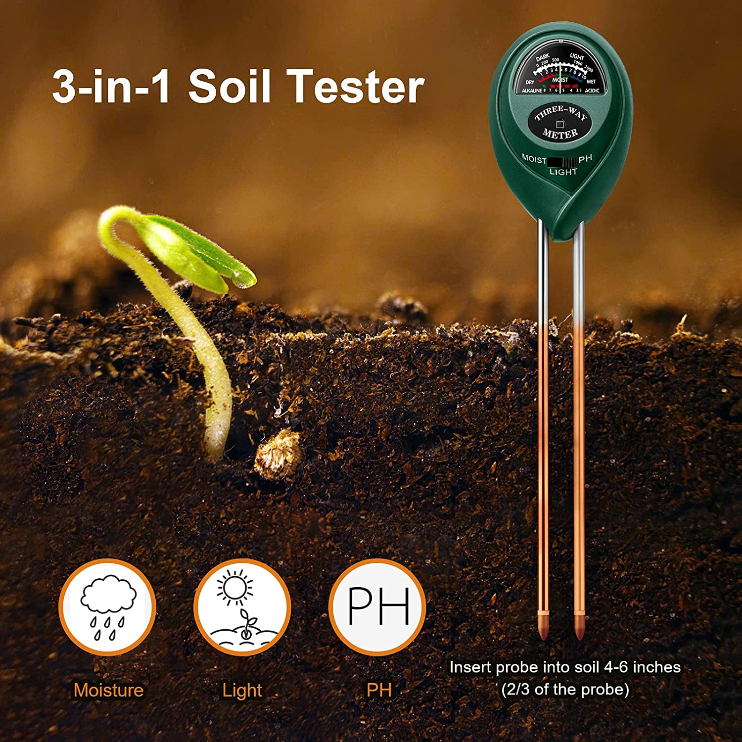 新しい土壌pHテスター3/4 in 1 pH光湿気酸性度テスター土壌テスター水分メーター花のための土壌テスターキット