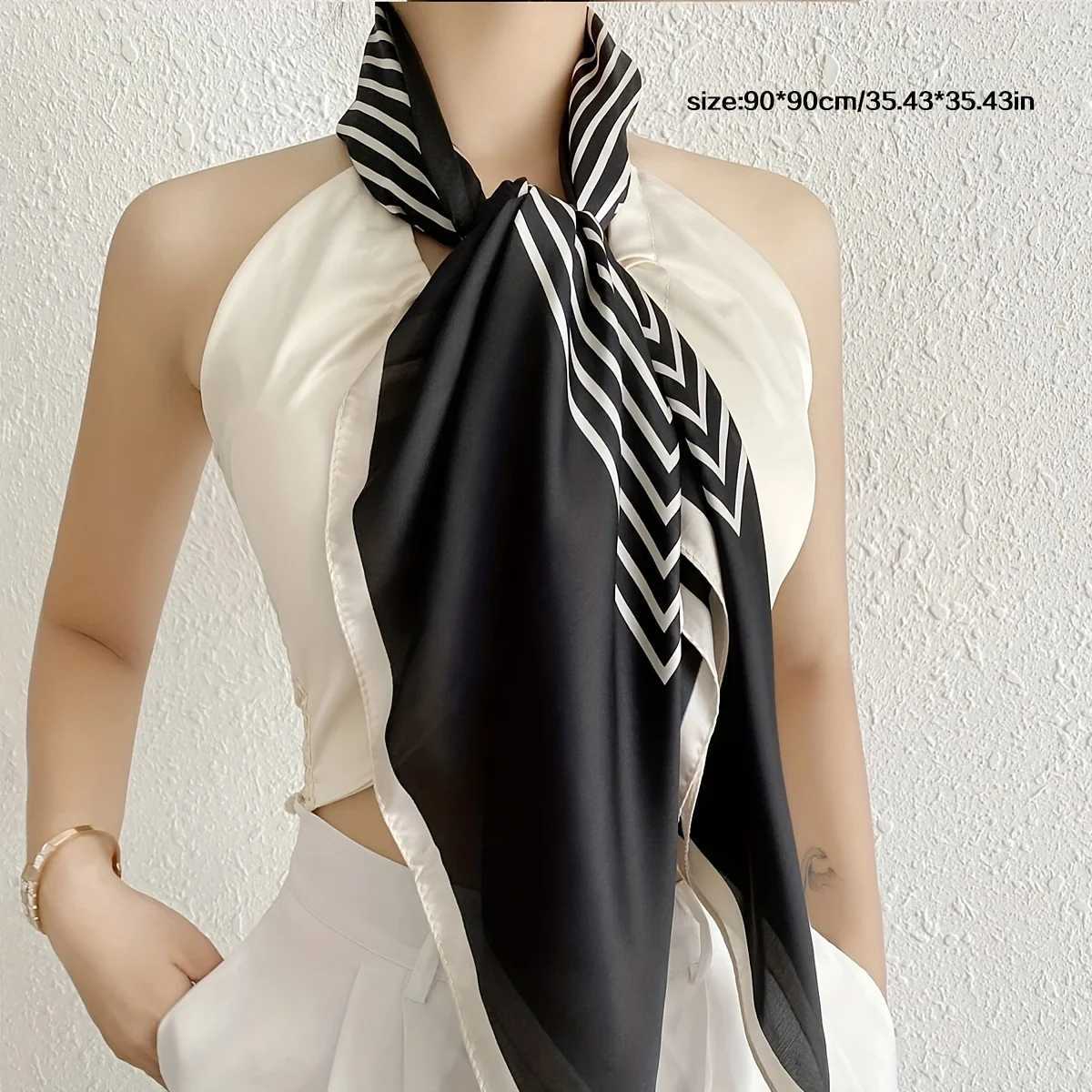 Scarves 35.43 Black/White Striped Square Scarf Elegant Simulated Silk Thin Shawl Casual Sunscreen Windproof Head Wrap For Women 240410