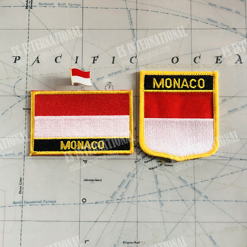 Monaco National Flag brodery Patches Badge Shield and Square Shape Pin un ensemble sur le brassard de tissu décoration de sac à dos