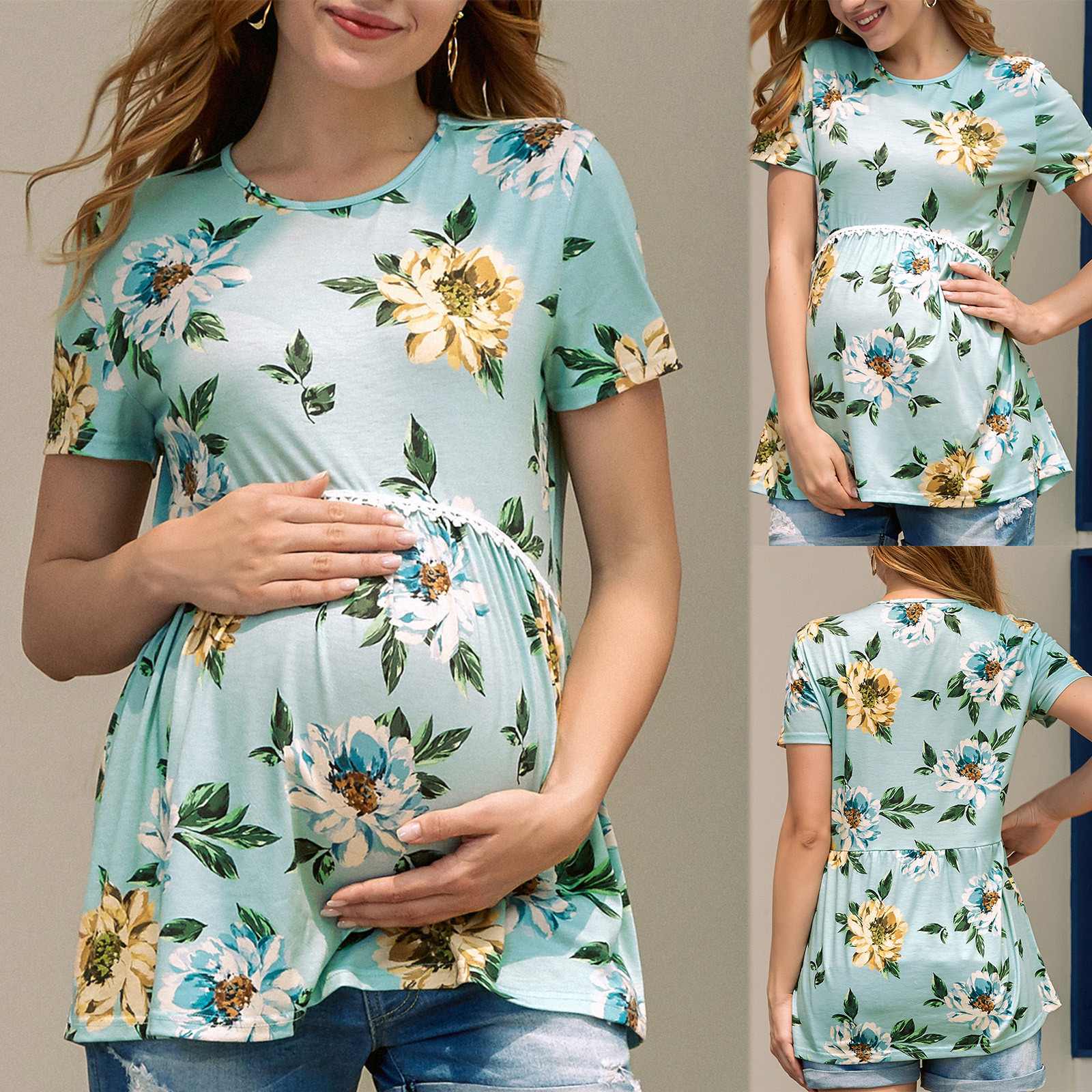 Nieuwe bloemen Zwangerschapsverpleegkundige tops Print Plus Maat Groene korte mouw Zwangerschap Kleding Vrouwen groot formaat zwangerschapskleding