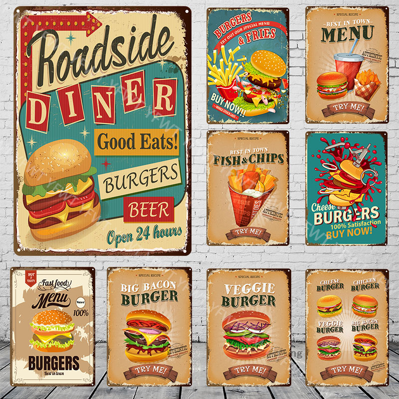 Hamburger Fast Food Plaque Metal Vintage Hamburger Tin Sign Restaurant Decor Mur Mur pour Kitchen Cafe Diner Bar Burger Metal Signes