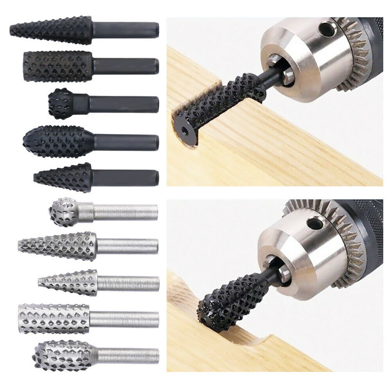 1/4'' 10/Rasp File Drill Bit Set Cutting Grinder Drill For Woodworking Knife Wood Carving Tool Round Shank Rotary Burr Set