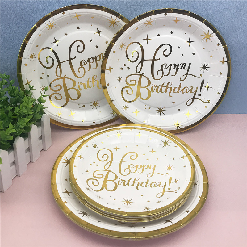 Guld Happy Birthday Paper Plates Cups servetter TABLEDduk halm engångsbordsartiklar Kids för vuxen födelsedagsfest servis leverans