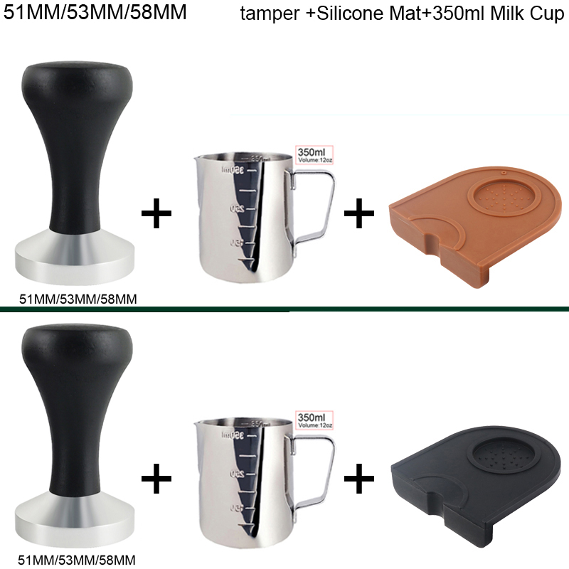 1-Coffee Powder Powder Liveller Tool + Silicone Corner Mat + 350 ml Tasse de lait, Tampers s'adapte pour 51 mm / 53 mm / 58 mm Portafilter