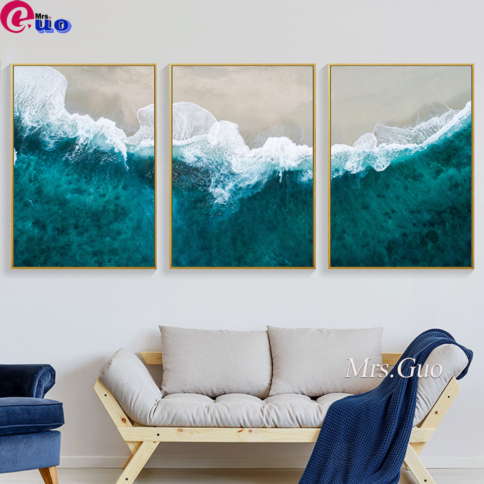 3 stycken Wave Beach Landscape Abstrakt Art Diy Diamond Målning Cross Stitch Triptych Diamond Mosaic Pictures Living Room Decor