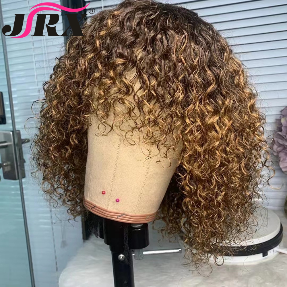 Soulignement court Bob Jerry Curly Human Hair Wigs with Bangs Honey Blonde Couleur Machine complète Machine faite pour les femmes Remy Fringe Wigs