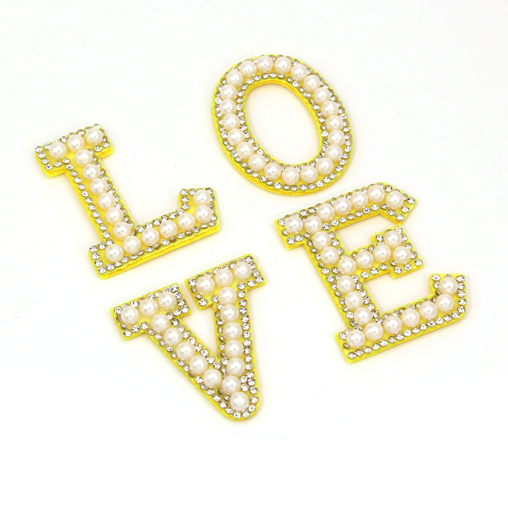 Yellow Base English Letters Pearl Rhinestone Patches For Clothing Alphabet Rhinestones Applique For Hats Bags DIY Name 45MM