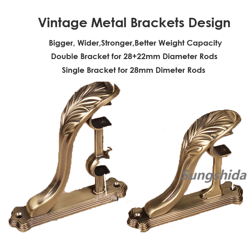 Sungshida Vintage Brass Znic Double Curtain Rod Bracket Holder Drapery Rod Bracket Hook Hanger For 28/25+22/19mm Dia. Rods