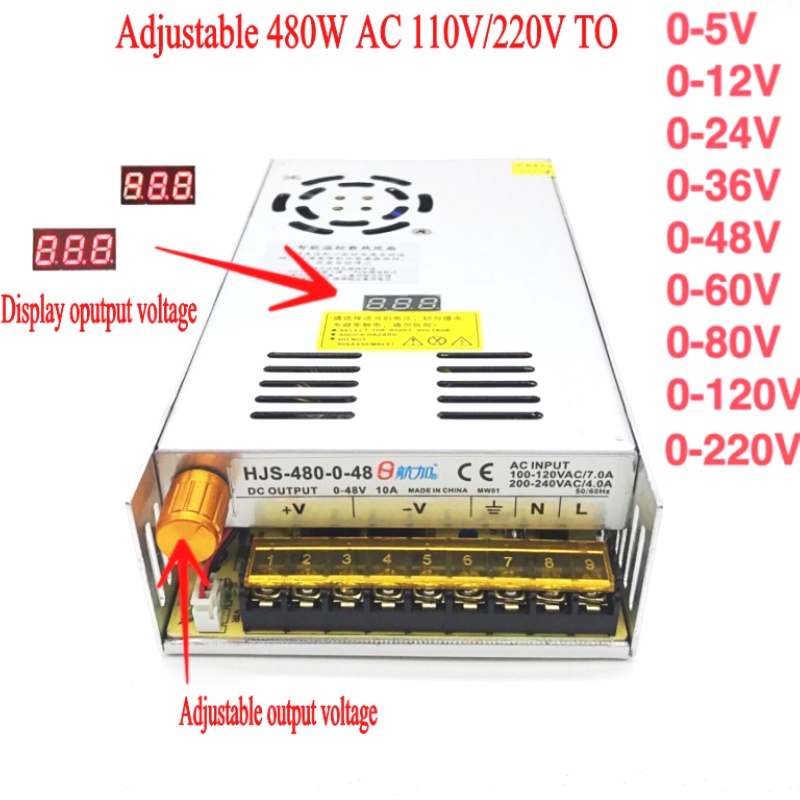 AC-DC Converter 110V 220V till DC 12V 24V 36V 48V 60V 80V 120V 480W Digital display justerbar omkoppling strömförsörjning