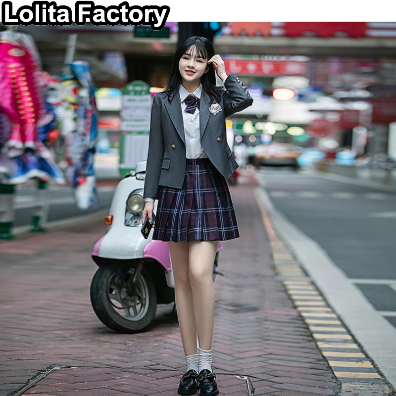 日本の女子高生のユニフォームプリーツスカート日本の学校制服格子縞のスカートカレッジセクシーなJKユニフォームフルセット