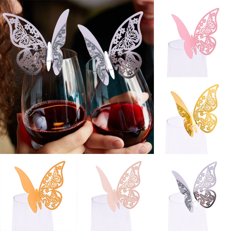 Butterfly Wine Glass Nome do lugar Cartão de festas de borboleta Marca Marca Aniversário De casamento Decorações de festas de festa presentes de festa