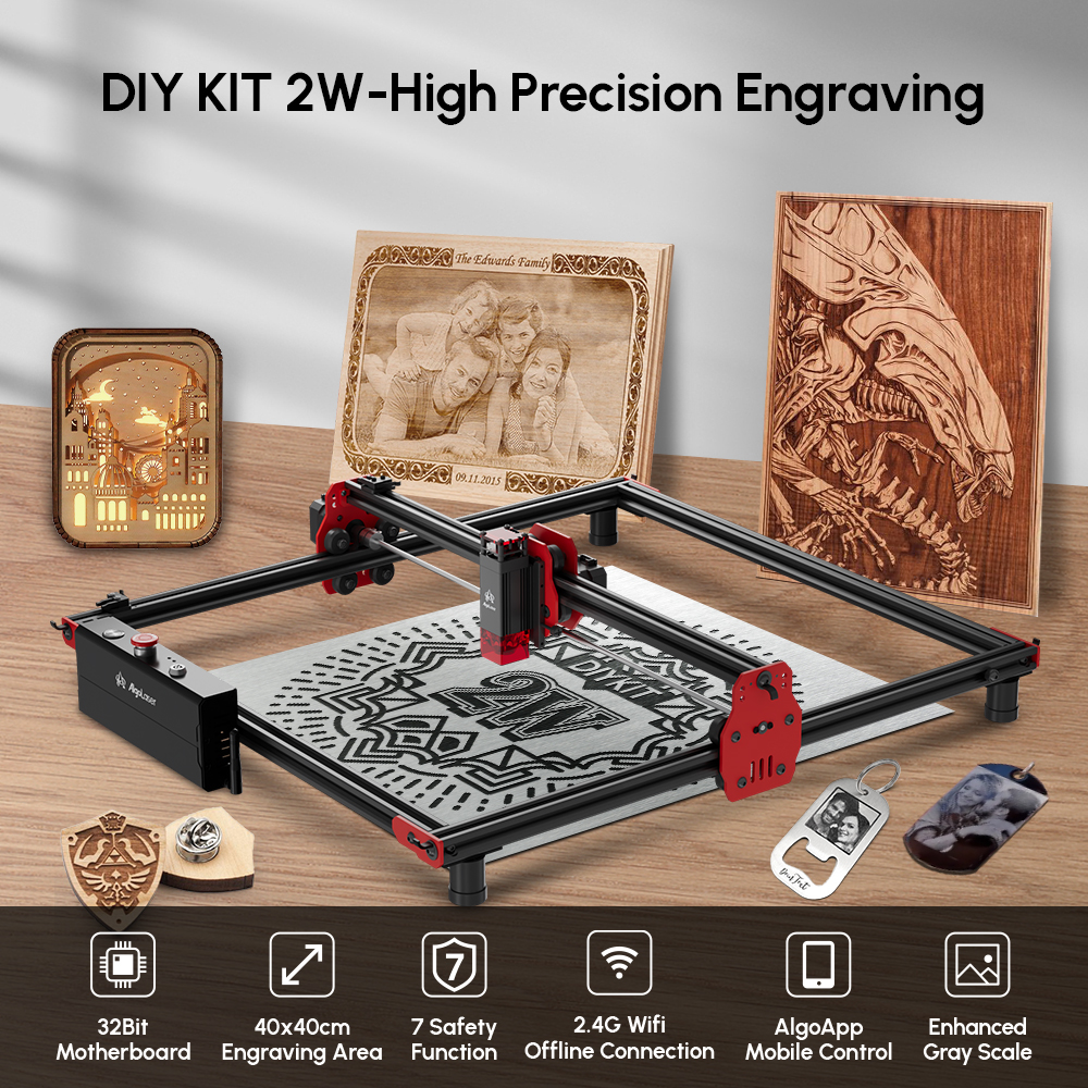 Montagem rápida Wi -Fi/App Control Algolaser Kit DIY 2W Laser Machine Machine MDF Couro 400 * 400mm Adequado para iniciantes