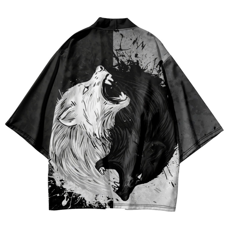 Japanese Wolf Print Kimono And Shorts Harajuku Streetwear Blouse Shirt Man Yukata Haori Cardigan Samurai Clothing Kimono Jacket