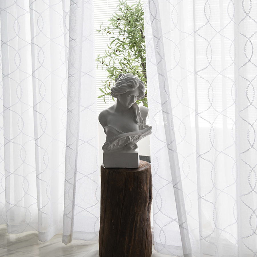 ジオメトリカーブホワイト刺繍チュールリビングルームのためのカーテンベッドルーム窓のためのモダンな薄いカーテン盲目x-m236-3
