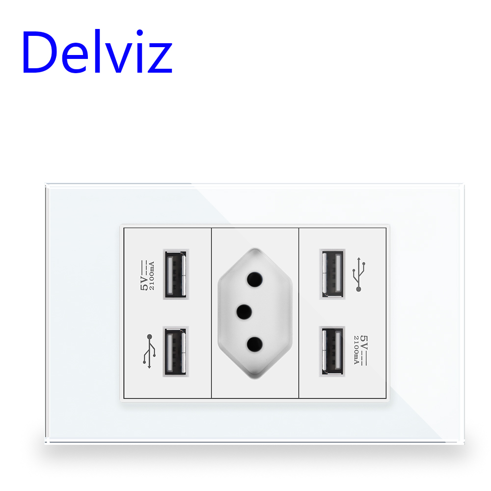 Delviz Brazil Standard Socket, panneau de verre trempé blanc, 3gangs 3 Pins Trou 10A Type de prise n bouchons, prise de courant embarquée murale