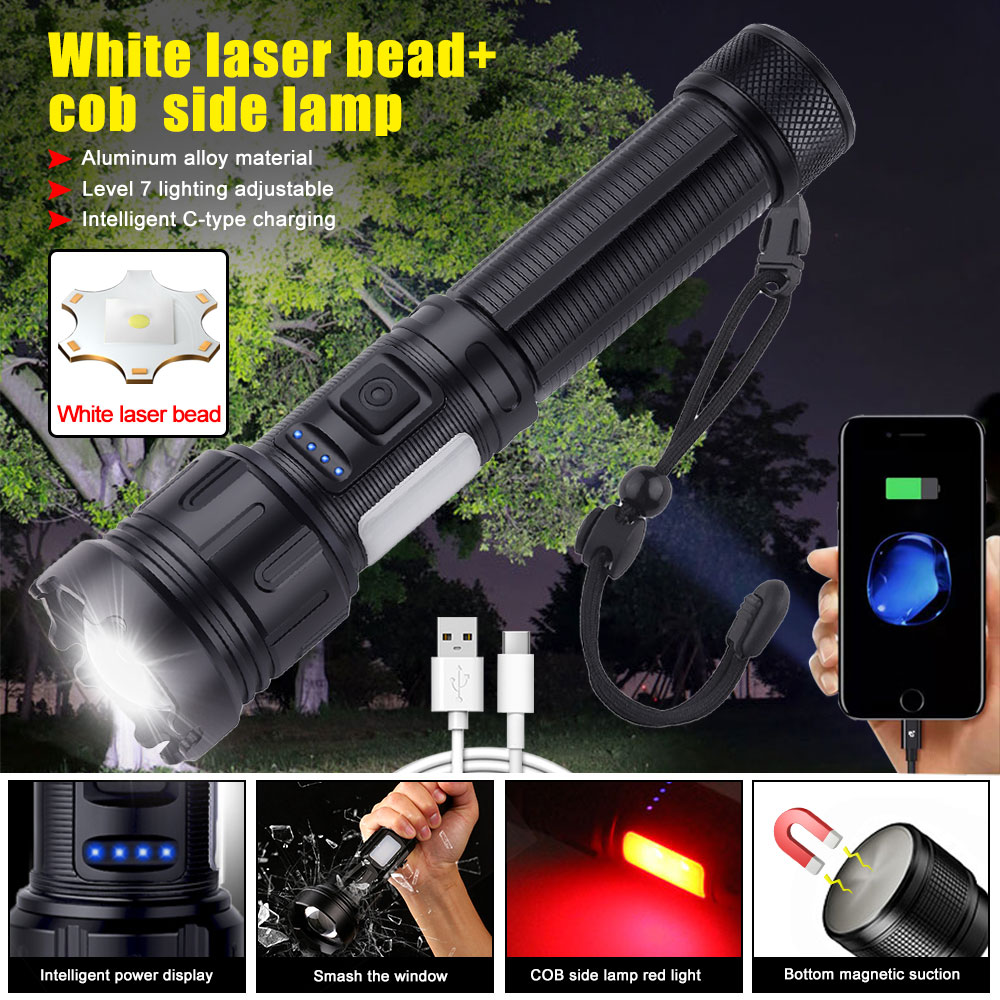 30W White LEP Flashlight Zoomable Hunting Scout Light Type-C Redeserbar COB SIDA TORCH VATTOSKT Ultra Long Range Lantern