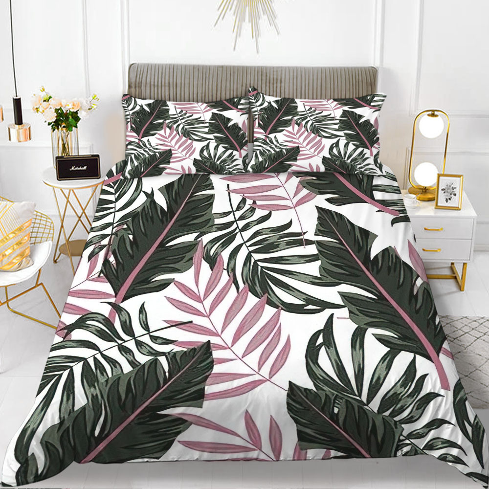 Växtblad täcke täcke set king/drottning storlek, tropiska exotiska djungelgrenar blommor polyester täcken för kvinnor rosa