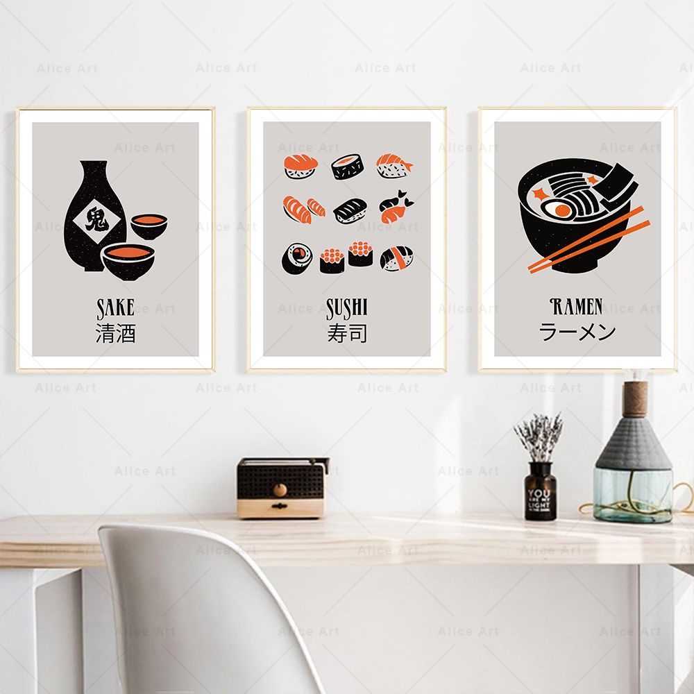 Japanische Lebensmittel Wandkunst druckt lustige Sake Sushi Ramen Nudeln Poster Küche Leinwand Malerei Bilder für Wohnzimmer Wohnkultur
