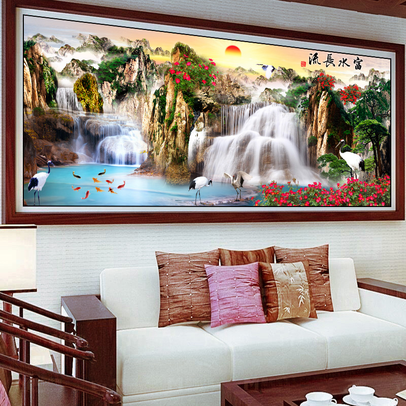 Handwerk, DMC Cross Stitch, volledige borduurkit set, zonsondergang Mountains Waterfall Chinese bedrukt patroon kruissteek voor cadeau