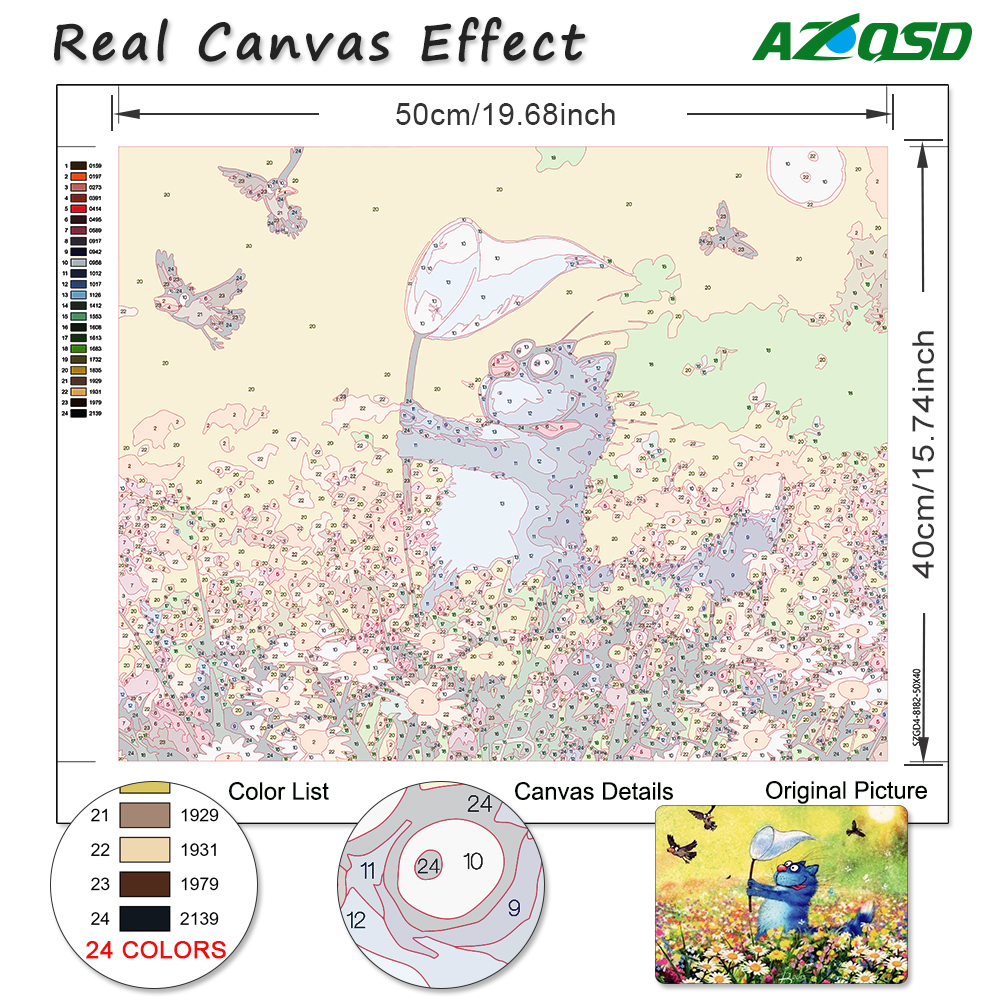 Azqsd Paint по номерам с рамкой животной кошка DIY Машиная живопись по номерам картин