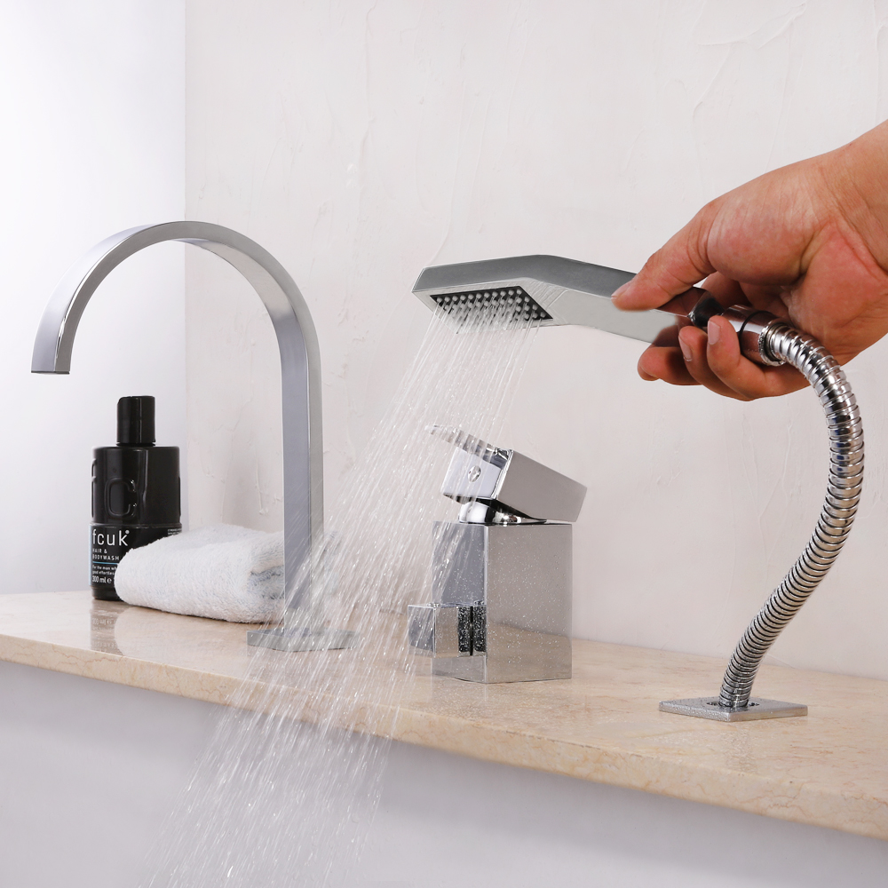 Skowll moderne badkuip kraan set messing bad tap dek gemonteerd badkamer douchekraan met handshower 3 pic mixer tap chroom