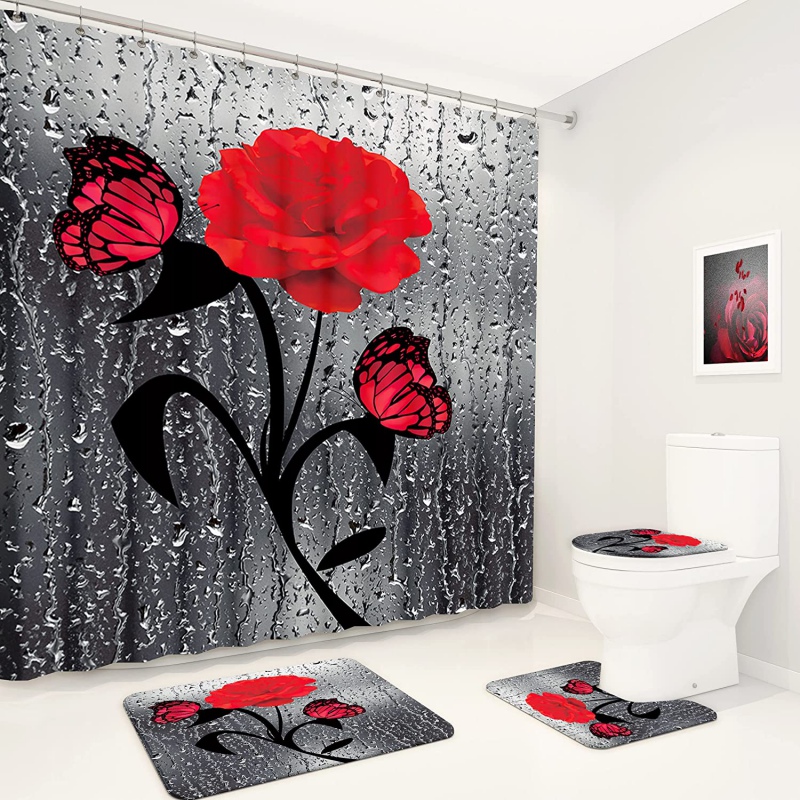 4 i 1 badrumstillbehör Set digital tryckt duschgardin Anti Slip Floor Mat Toalett Toalett Vattentät blommig dekoration