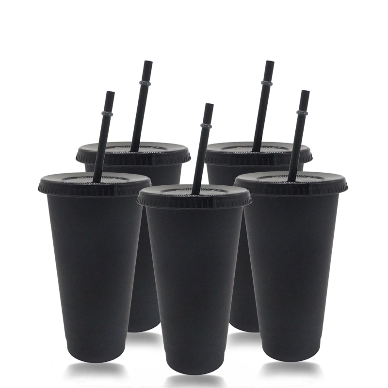 5 -stcs 473 ml/700 ml zwarte herbruikbare plastic waterfles koude beker met deksel en stro magie tumbler gepersonaliseerde tumbler koffiemok