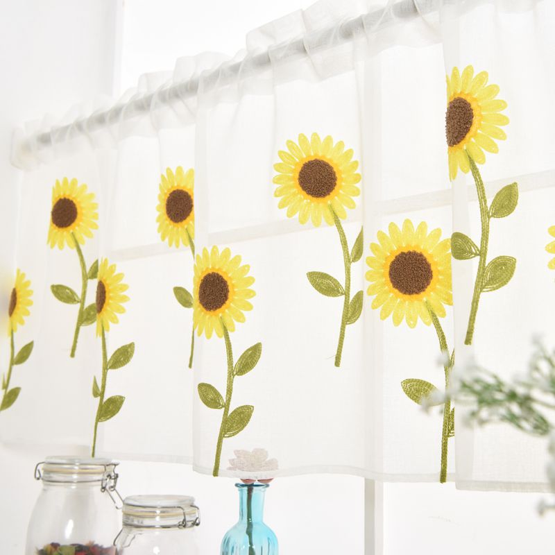 Short Sheer Curtain Sunflower Embroidered Decorative Polyester Living Room Bedroom Window Curtain for Kitchen Home Decor