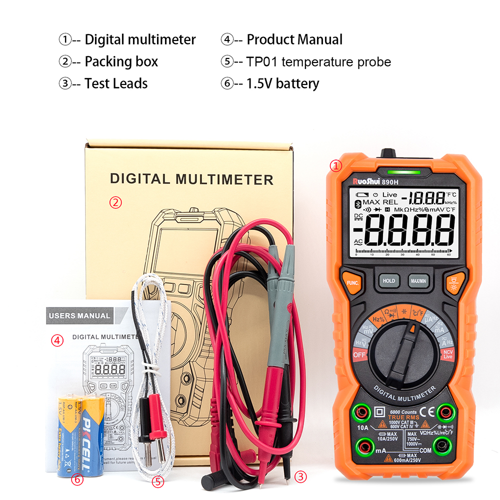 RUOSHUI 890H Digitale multimeter Auto -bereik NCV Hz Ture RMS -meter AC/DC 6000 Tellingen Professionele Hoge precieze multimetro -testers