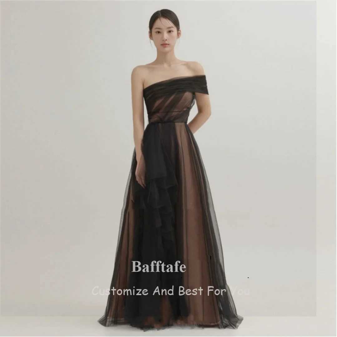 Urban Sexy Dresses Bafftafe Simple Black Beach Korea Lady Prom Dresses Soft Tulle One Shoulder Floans Längd Formell aftonklänning 2024 240410