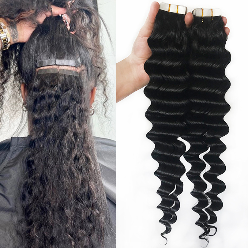 Ruban à onde profonde dans les extensions de cheveux humains malaisiens remy coiffure cutanée adhésive ruban invisible dans les cheveux 40 morceaux