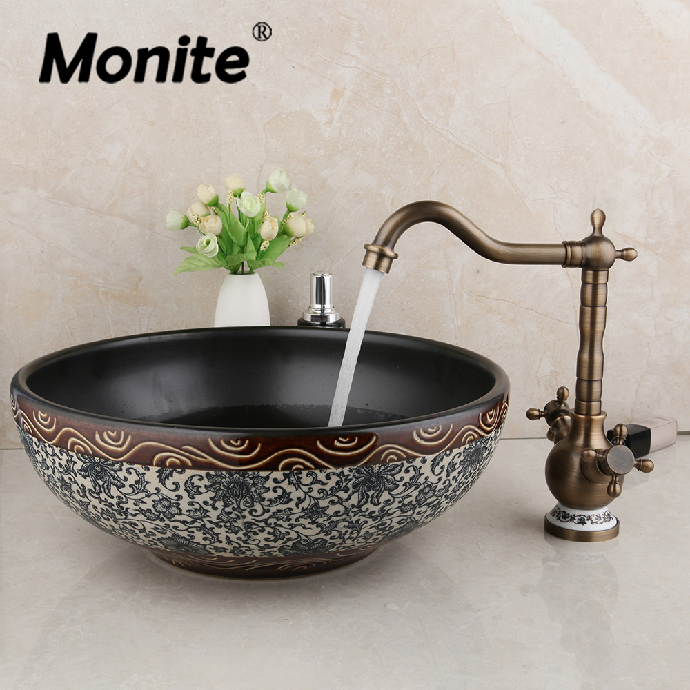 Monite Schwarzer Keramikwaschbecken Wasserhahn Set Badezimmer Keramik Runde Spüle Specks Antiquitäten Messingdeck montiertes Wasserhahnmischhahn Wasserhahn