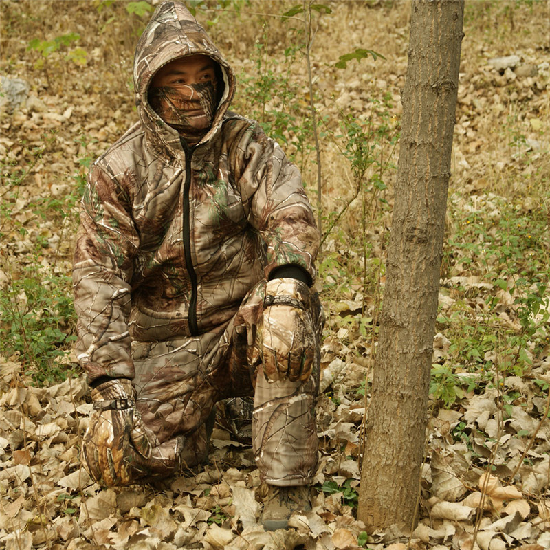 Winter Outdoor Warm Fleece Clothing real tree Bionic Camouflage Hooded Hunting Ghillie Suit Jacket Pants and hat gloves